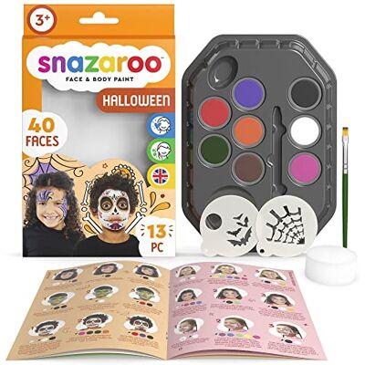 Snazaroo Kit de peinture faciale Personnages d'Halloween, pour enfants et adultes, 8 couleurs, 13 modèles, pinceau, éponge, guide, base d'eau, maquillage peinture Snazaroo Kit de peinture faciale Personnages d'Halloween, pour enfants et adultes, 8 couleurs, 13 modèles, pinceau, éponge, guide, base d'eau, maquillage peinture