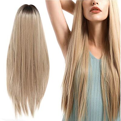 ZJchao Perruque en dentelle avant avec frange, longue perruque de cheveux blonds droits pour femmes, perruque de cheveux en fibres synthétiques résistantes à la chaleur 70 cm ZJchao Perruque en dentelle avant avec frange, longue perruque de cheveux blonds droits pour femmes, perruque de cheveux en fibres synthétiques résistantes à la chaleur 70 cm