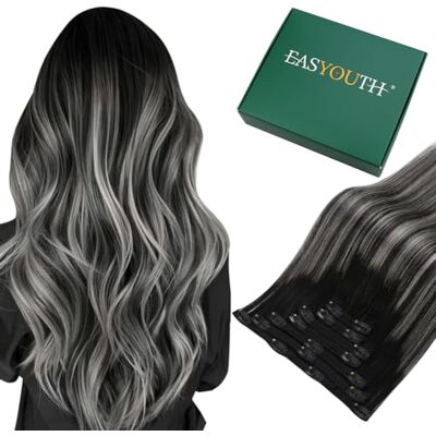 Easyouth Extensions capillaires à clip, en cheveux humains Remy Couleur Off Mélange noir 18" 100 g 7 pièces Double trame Easyouth Extensions capillaires à clip, en cheveux humains Remy Couleur Off Mélange noir 18" 100 g 7 pièces Double trame