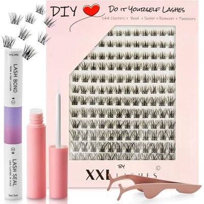 XXL Lashes DIY Kit de cils à faire soi-même, ensemble d'extensions de cils , 144 cils en grappe de 5 longueurs différentes, y compris colle/adhésif, scellant, dissolvant, applicateur et manuel (Wispy) XXL Lashes DIY Kit de cils à faire soi-même, ensemble d'extensions de cils , 144 cils en grappe de 5 longueurs différentes, y compris colle/adhésif, scellant, dissolvant, applicateur et manuel (Wispy)