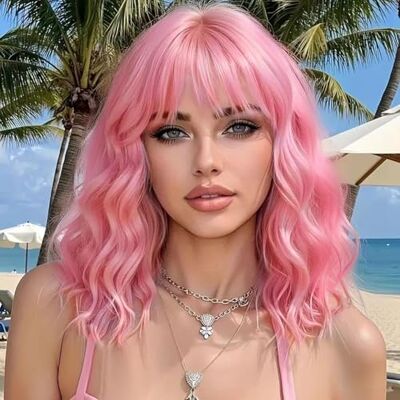 Colorfulpanda Perruque de cheveux synthétiques courts ondulés et bouclés avec frange pour femme Aspect naturel Rose pastel 35,6 cm Colorfulpanda Perruque de cheveux synthétiques courts ondulés et bouclés avec frange pour femme Aspect naturel Rose pastel 35,6 cm