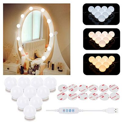 Aourow Lampe de maquillage LED avec interrupteur et 10 ampoules à intensité variable, lampe de miroir LED style hollywoodien, câble USB, lumière de maquillage avec 6 niveaux de luminosité et 5 modes Aourow Lampe de maquillage LED avec interrupteur et 10 ampoules à intensité variable, lampe de miroir LED style hollywoodien, câble USB, lumière de maquillage avec 6 niveaux de luminosité et 5 modes