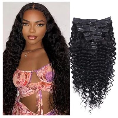 Linmeas-753 Lot de 8 extensions de cheveux humains brésiliens Remy ondulés profonds avec 18 clips, double trame Linmeas-753 Lot de 8 extensions de cheveux humains brésiliens Remy ondulés profonds avec 18 clips, double trame