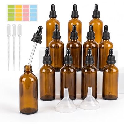 Relaxdays Lot de 12 flacons pipettes de 100 ml pour huiles essentielles, cosmétiques, entonnoir, étiquettes, pipettes, flacons compte-gouttes, marron Relaxdays Lot de 12 flacons pipettes de 100 ml pour huiles essentielles, cosmétiques, entonnoir, étiquettes, pipettes, flacons compte-gouttes, marron