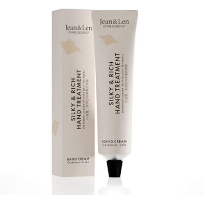 Jean & Len Silky and Rich Treatment Cardamome et Tonka, tube en aluminium 100% recyclable (sans couvercle), crème pour les mains riches, pour des mains douces, sans parabène ni silicone, végétalien Jean & Len Silky and Rich Treatment Cardamome et Tonka, tube en aluminium 100% recyclable (sans couvercle), crème pour les mains riches, pour des mains douces, sans parabène ni silicone, végétalien