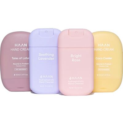 HAAN Spray hydratant pour les mains et crème pour les mains à l'aloe vera (lot de 4) 1 unité par parfum : soothing lavender, Bright Rose, Tales of Lotus et Coco Cooler HAAN Spray hydratant pour les mains et crème pour les mains à l'aloe vera (lot de 4) 1 unité par parfum : soothing lavender, Bright Rose, Tales of Lotus et Coco Cooler
