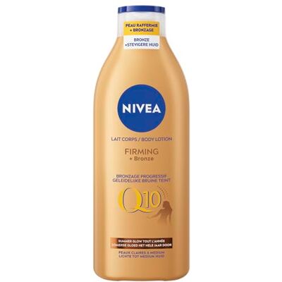NIVEA Q10 Lotion pour le Corps Raffermissante + Bronze – Hydratation, Effet Bronzage Progressif, Peau Ferme, 400 ml NIVEA Q10 Lotion pour le Corps Raffermissante + Bronze – Hydratation, Effet Bronzage Progressif, Peau Ferme, 400 ml