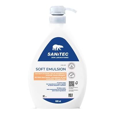 SANITEC igiene sicura Sanitec Soft EMULSION, Crème Corps avec Beurre de Karité, Huile de Macadamia et Vitamine-E avec action hydratante et nourrissante, Idéal pour tous les types de peau et Testé dermatologiquement, 600 ml SANITEC igiene sicura Sanitec Soft EMULSION, Crème Corps avec Beurre de Karité, Huile de Macadamia et Vitamine-E avec action hydratante et nourrissante, Idéal pour tous les types de peau et Testé dermatologiquement, 600 ml