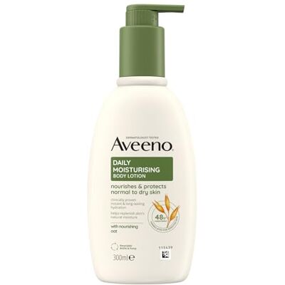 Aveeno Lotion hydratante quotidienne pour le corps, avec de l'avoine apaisante et des émollients riches, convient aux peaux sensibles, nourrit et protège les peaux normales à sèches, sans parfum, 300 Aveeno Lotion hydratante quotidienne pour le corps, avec de l'avoine apaisante et des émollients riches, convient aux peaux sensibles, nourrit et protège les peaux normales à sèches, sans parfum, 300