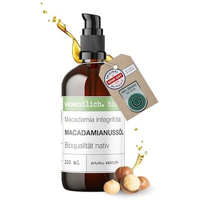wesentlich. Huile de noix de macadamia bio pressée à froid Huile 100 % pure pour la peau, les cheveux et le massage Végétalien & sans additifs 100 ml dans une bouteille en verre marron wesentlich. Huile de noix de macadamia bio pressée à froid Huile 100 % pure pour la peau, les cheveux et le massage Végétalien & sans additifs 100 ml dans une bouteille en verre marron