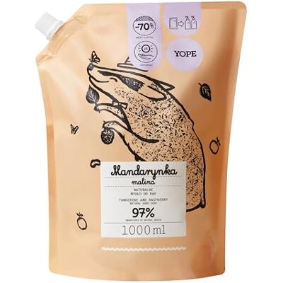 Yope Recharge Savon pour les mains Hydratant Allantoïne, Mandarine et Extrait de Framboise 98% d'ingrédients d'origine naturelle Vegan Parfum : mandarine framboise 1000 ml Parfum fruité sucré, hydrate intensément, avec provitamine B5 et alla Yope Recharge Savon pour les mains Hydratant Allantoïne, Mandarine et Extrait de Framboise 98% d'ingrédients d'origine naturelle Vegan Parfum : mandarine framboise 1000 ml Parfum fruité sucré, hydrate intensément, avec provitamine B5 et alla