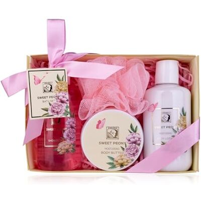 accentra Coffret cadeau de douche pour femme Sweet Peony dans une belle boîte cadeau – 4 pièces avec gel douche, lotion pour le corps, beurre corporel et éponge en maille – Coffret cadeau pour la accentra Coffret cadeau de douche pour femme Sweet Peony dans une belle boîte cadeau – 4 pièces avec gel douche, lotion pour le corps, beurre corporel et éponge en maille – Coffret cadeau pour la