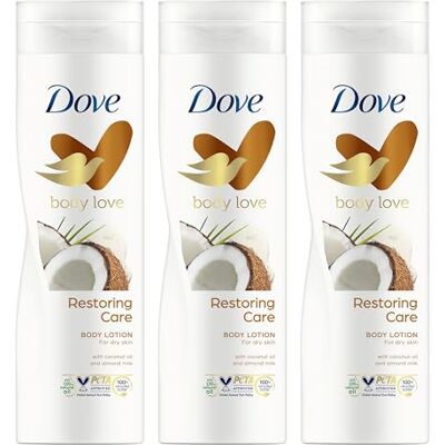 Dove Body Lotion Nourishing Coconut Oil Restoring 3 x 400ml Pour peau sèche, peau douce et nourrie, hydratation intense, avec huile de coco et lait d'amande Dove Body Lotion Nourishing Coconut Oil Restoring 3 x 400ml Pour peau sèche, peau douce et nourrie, hydratation intense, avec huile de coco et lait d'amande
