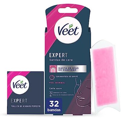 Veet Expert Bandes de cire froide épilatoire pour épilation faciale, convient pour les lèvres supérieures (Bigotte), au beurre de karité, 32 bandes Veet Expert Bandes de cire froide épilatoire pour épilation faciale, convient pour les lèvres supérieures (Bigotte), au beurre de karité, 32 bandes