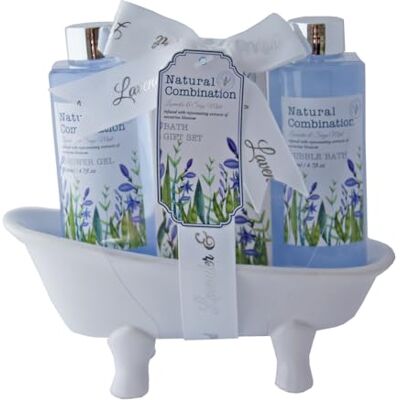 accentra Set de bain Lavande dans baignoire en céramique avec gel douche 140 ml, bain moussant 140 ml, sel de bain 50 g, parfum lavande & sauge – violet/blanc accentra Set de bain Lavande dans baignoire en céramique avec gel douche 140 ml, bain moussant 140 ml, sel de bain 50 g, parfum lavande & sauge – violet/blanc
