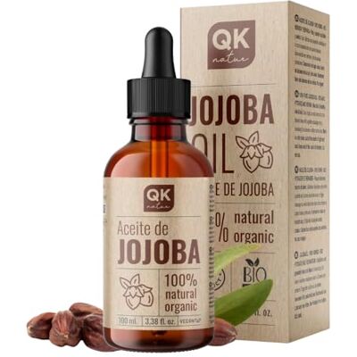 QKnatur Huile de Jojoba 100% pure et biologique 100 ml Corps, visage, cheveux, ongles, barbe Anti-rides et anti-acné BIO Pressée à froid Flacon en verre QKnatur Huile de Jojoba 100% pure et biologique 100 ml Corps, visage, cheveux, ongles, barbe Anti-rides et anti-acné BIO Pressée à froid Flacon en verre