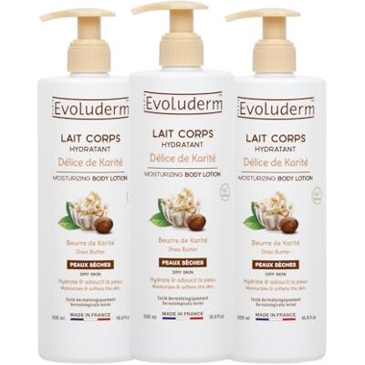 Evoluderm – Lait Corps Hydratant Délice de Karité 500 ml Ingrédients d'Origine Naturelle Végan Fabrication Française Lot de 3 x 500 ml Evoluderm – Lait Corps Hydratant Délice de Karité 500 ml Ingrédients d'Origine Naturelle Végan Fabrication Française Lot de 3 x 500 ml