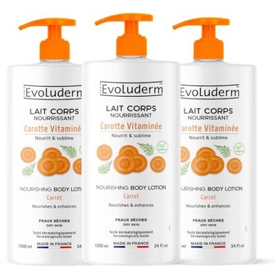 Evoluderm Lait Corps Nourrissant Carotte Vitaminée 1000 ml Ingrédients d'Origine Naturelle Végan Fabrication Française Lot de 3 x 1000ml Evoluderm Lait Corps Nourrissant Carotte Vitaminée 1000 ml Ingrédients d'Origine Naturelle Végan Fabrication Française Lot de 3 x 1000ml