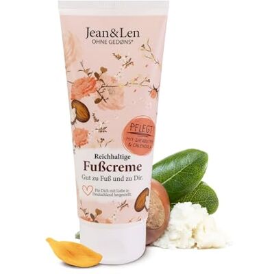 Jean & Len Crème pour les pieds au beurre de karité et au calendula pour les peaux sèches et abîmées, nourrit intensément et donne aux pieds souples, parfum romarin et gingembre, crème pour les pieds, sans parabènes et silicones, végétalien, 100 ml Jean & Len Crème pour les pieds au beurre de karité et au calendula pour les peaux sèches et abîmées, nourrit intensément et donne aux pieds souples, parfum romarin et gingembre, crème pour les pieds, sans parabènes et silicones, végétalien, 100 ml