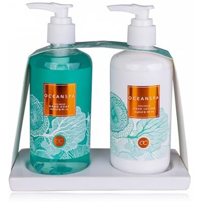 accentra Kit de soin des mains Ocean Spa sur un support en céramique, savon pour les mains de 290 ml et lotion pour les mains de 290 ml enrichi en parfum Fresh Breeze – Rechargeable accentra Kit de soin des mains Ocean Spa sur un support en céramique, savon pour les mains de 290 ml et lotion pour les mains de 290 ml enrichi en parfum Fresh Breeze – Rechargeable