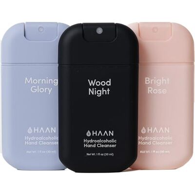 HAAN Spray nettoyant hydratant pour les mains à l’Aloe Vera (Lot de 3), 1 de chaque parfum : Bright Rose + Morning Glory + Wood Night, 30 ml HAAN Spray nettoyant hydratant pour les mains à l’Aloe Vera (Lot de 3), 1 de chaque parfum : Bright Rose + Morning Glory + Wood Night, 30 ml
