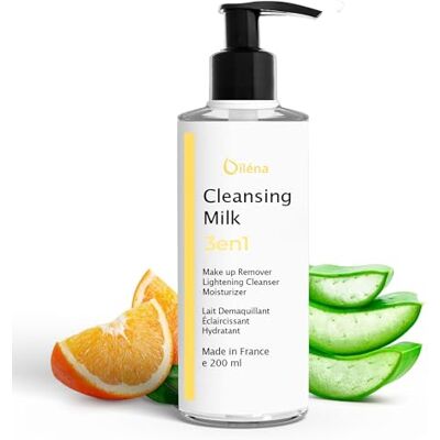 Oïléna Lait nettoyant visage 3 en 1 action démaquillante waterproof contour des yeux et anti-taches enrichi en vitamine E et aloe vera Idéal pour peaux sensibles 200 ml Oïléna Lait nettoyant visage 3 en 1 action démaquillante waterproof contour des yeux et anti-taches enrichi en vitamine E et aloe vera Idéal pour peaux sensibles 200 ml