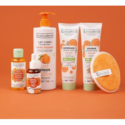 Evoluderm Routine visage et corps 100% carotte 1 lait + 1 huile + 1 gommage + 1 masque Idée cadeau Fabrication française Evoluderm Routine visage et corps 100% carotte 1 lait + 1 huile + 1 gommage + 1 masque Idée cadeau Fabrication française