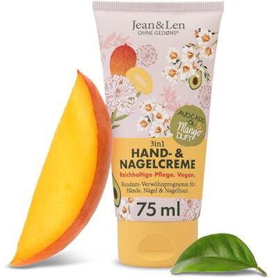 Jean & Len Crème pour les mains et les ongles à la mangue et à l'avocat, formule végétalienne avec beurre de karité et de cacao, soin riche, parfum fruité de mangue, soin des mains végétalien, sans Jean & Len Crème pour les mains et les ongles à la mangue et à l'avocat, formule végétalienne avec beurre de karité et de cacao, soin riche, parfum fruité de mangue, soin des mains végétalien, sans