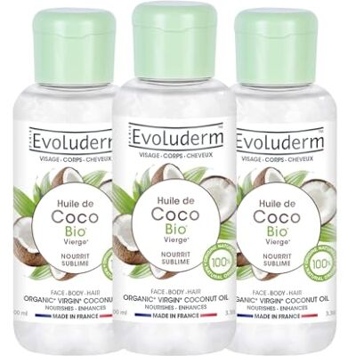 Evoluderm Huile de Coco Vierge Bio Huile Végétale Visage, Corps, Cheveux 100 ml 100% d'Orgine Naturelle Végan Fabrication Française Lot de 3 x 100 ml Evoluderm Huile de Coco Vierge Bio Huile Végétale Visage, Corps, Cheveux 100 ml 100% d'Orgine Naturelle Végan Fabrication Française Lot de 3 x 100 ml