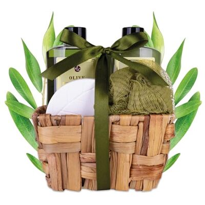 accentra Coffret cadeau de bain pour femme Olive dans un panier en jonc de mer, kit de douche avec gel douche, bain moussant, bombe de bain et éponge en filet, ensemble de bien-être 4 pièces pour accentra Coffret cadeau de bain pour femme Olive dans un panier en jonc de mer, kit de douche avec gel douche, bain moussant, bombe de bain et éponge en filet, ensemble de bien-être 4 pièces pour