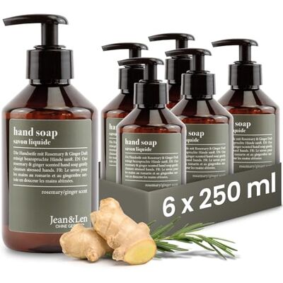 Jean & Len Savon pour les mains Romarin & Gingembre, nettoie les mains stressées pour un usage quotidien, savon liquide dans un distributeur à pompe rechargeable, sans parabène, silicone et Jean & Len Savon pour les mains Romarin & Gingembre, nettoie les mains stressées pour un usage quotidien, savon liquide dans un distributeur à pompe rechargeable, sans parabène, silicone et