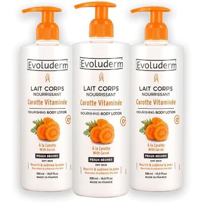 Evoluderm Lait Corps Nourrissant Carotte Vitaminée 500 ml Ingrédients d'Origine Naturelle Végan Fabrication Française Lot de 3 x 500 ml Evoluderm Lait Corps Nourrissant Carotte Vitaminée 500 ml Ingrédients d'Origine Naturelle Végan Fabrication Française Lot de 3 x 500 ml