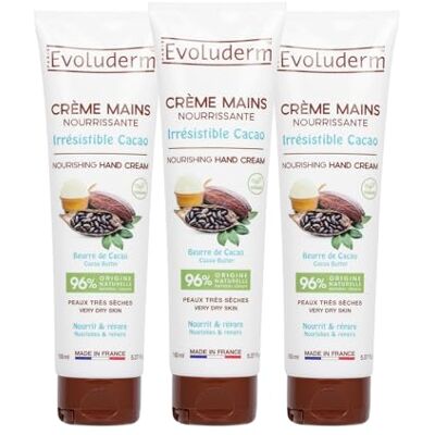 Evoluderm – Crème Mains Nourrissante Irrésistible Cacao – 150 ml – 96% d’Origine Naturelle – Végan – Fabrication Française – Lot de 3 x 150 ml Evoluderm – Crème Mains Nourrissante Irrésistible Cacao – 150 ml – 96% d’Origine Naturelle – Végan – Fabrication Française – Lot de 3 x 150 ml