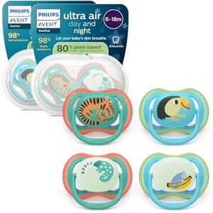 AVENT Philips Day & Night Sucettes ultra air Orthodontiques, pour bébés de 6 à 18 mois, version phosphorescente, tétine symétrique en silicone souple, sans BPA, lot de 4, SCF087/27 AVENT Philips Day & Night Sucettes ultra air Orthodontiques, pour bébés de 6 à 18 mois, version phosphorescente, tétine symétrique en silicone souple, sans BPA, lot de 4, SCF087/27