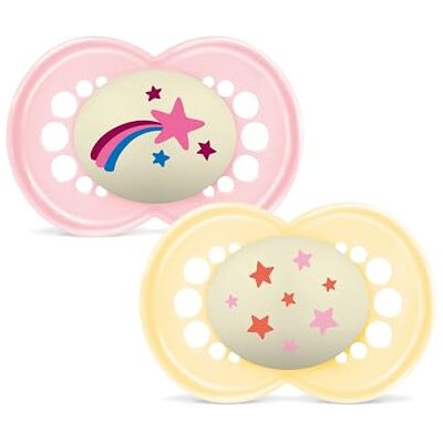 MAM Tétine Qui Brille Dans Le Sombre, Dès 6 Mois, Tétine Symétrique Plate et Flexible en Silicone Facile à Accrocher Avec Boîte Autostérilisante, Original, Rose Clair, Lot de 2 MAM Tétine Qui Brille Dans Le Sombre, Dès 6 Mois, Tétine Symétrique Plate et Flexible en Silicone Facile à Accrocher Avec Boîte Autostérilisante, Original, Rose Clair, Lot de 2