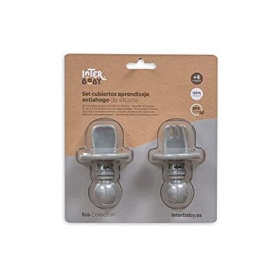 Interbaby Set de couverts d'apprentissage anti-noyade en silicone gris pétrole Interbaby Set de couverts d'apprentissage anti-noyade en silicone gris pétrole