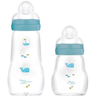 MAM Feel Good Lot de 2 biberons en verre pour bébé, dès la naissance, 170 ml et 260 ml, bleu MAM Feel Good Lot de 2 biberons en verre pour bébé, dès la naissance, 170 ml et 260 ml, bleu