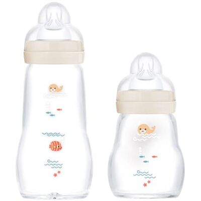 MAM Feel Good Lot de 2 biberons en verre, pour bébé, dès la naissance, 170 ml et 260 ml, couleur unie MAM Feel Good Lot de 2 biberons en verre, pour bébé, dès la naissance, 170 ml et 260 ml, couleur unie