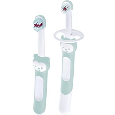 MAM Learn to Brush Kit de brosse à dents pour bébé, à long manche commun, pour apprendre à se brosser les dents pour bébé à partir de 5 mois et plus, turquoise, 1 pièce MAM Learn to Brush Kit de brosse à dents pour bébé, à long manche commun, pour apprendre à se brosser les dents pour bébé à partir de 5 mois et plus, turquoise, 1 pièce