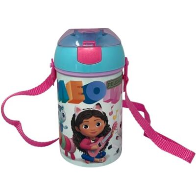 CARTOON Bouteille d'eau avec ouverture pop-up Gabby's Dollhouse en plastique réutilisable avec bandoulière sans BPA capacité 450 ml CARTOON Bouteille d'eau avec ouverture pop-up Gabby's Dollhouse en plastique réutilisable avec bandoulière sans BPA capacité 450 ml
