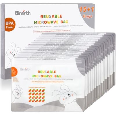 Bimirth Sacs de stérilisation pour micro-ondes, Paquet de 16 réutilisables, Biberons, sucette, Coupes d'entraînement, 20 utilisations par sac, système de marquage, sans produits chimiques Bimirth Sacs de stérilisation pour micro-ondes, Paquet de 16 réutilisables, Biberons, sucette, Coupes d'entraînement, 20 utilisations par sac, système de marquage, sans produits chimiques