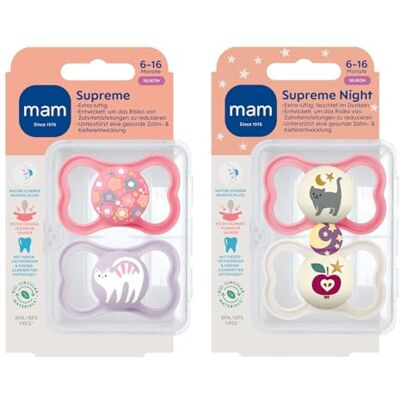 MAM Sucette Supreme 6-16 mois, Dental Sucette, lot de 4 pour les filles, 2 étui de stérilisation MAM Sucette Supreme 6-16 mois, Dental Sucette, lot de 4 pour les filles, 2 étui de stérilisation