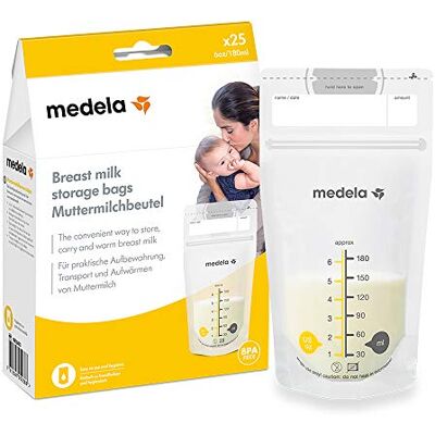 Medela Sachet de conservation pour lait maternel double glissière de sécurité, bords renforcées, sans BPA, 180ml, Lot de 25 Medela Sachet de conservation pour lait maternel double glissière de sécurité, bords renforcées, sans BPA, 180ml, Lot de 25