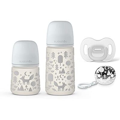 Suavinex , Coffret Cadeau Nouveau-né SX Pro; de 0 à 6 mois; set de Biberons; contient Biberon 150ml + Biberon 270ml + Sucette tout silicone Smoothie SX Pro + Attache-sucette à chaîne; fox Gris Suavinex , Coffret Cadeau Nouveau-né SX Pro; de 0 à 6 mois; set de Biberons; contient Biberon 150ml + Biberon 270ml + Sucette tout silicone Smoothie SX Pro + Attache-sucette à chaîne; fox Gris
