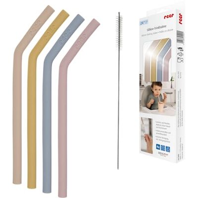 Reer Lot de 4 pailles en silicone pour tout-petits et enfants à partir de 24 mois Lot de 4 pailles aux couleurs vives Avec brosse de nettoyage pratique Reer Lot de 4 pailles en silicone pour tout-petits et enfants à partir de 24 mois Lot de 4 pailles aux couleurs vives Avec brosse de nettoyage pratique