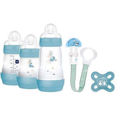 MAM , Set pour nouveau-né, set cadeau, comprend : 2 biberons anti-coliques de 160 ml, 1 biberon anti-colique de 260 ml, 1 tétine originale Start, 1 broche pour sucette, dès la naissance, bleu MAM , Set pour nouveau-né, set cadeau, comprend : 2 biberons anti-coliques de 160 ml, 1 biberon anti-colique de 260 ml, 1 tétine originale Start, 1 broche pour sucette, dès la naissance, bleu