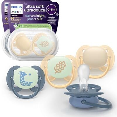 AVENT Philips Sucettes Ultra-Soft jour/nuit – forme orthodontique, bébés 6-18 mois, phosphorescentes, téterelle symétrique en silicone, sans BPA, étuis de stérilisation, pack de 4, modèle SCF094/10 AVENT Philips Sucettes Ultra-Soft jour/nuit – forme orthodontique, bébés 6-18 mois, phosphorescentes, téterelle symétrique en silicone, sans BPA, étuis de stérilisation, pack de 4, modèle SCF094/10