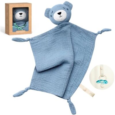 Momcozy Doudou Bébé Ours Bleu Mousseline de Coton pour Bébé et Enfant Doudou bébé naissance 28 × 28 cm, double couture renforcée, nœuds faciles à saisir, bouton-pression, cadeau naissance garçon Momcozy Doudou Bébé Ours Bleu Mousseline de Coton pour Bébé et Enfant Doudou bébé naissance 28 × 28 cm, double couture renforcée, nœuds faciles à saisir, bouton-pression, cadeau naissance garçon
