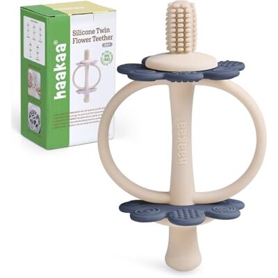 haakaa Anneau de Dentition Bébé en Silicone, Jouet de Dentition 2-en-1 avec Embout en Forme de Tétine et Tête Brosse 360°, Massage des Gencives, Prise Facile, Bleu Acier haakaa Anneau de Dentition Bébé en Silicone, Jouet de Dentition 2-en-1 avec Embout en Forme de Tétine et Tête Brosse 360°, Massage des Gencives, Prise Facile, Bleu Acier