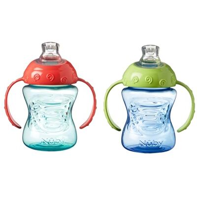 Nuby Grip N Sip Tasse d'Apprentissage, Lot de 2, 240ml, +4 Mois, Garçon Tasse d'apprentissage avec poignées & bec souple en silicone anti-fuite, facilite le passage du biberon à la tasse Nuby Grip N Sip Tasse d'Apprentissage, Lot de 2, 240ml, +4 Mois, Garçon Tasse d'apprentissage avec poignées & bec souple en silicone anti-fuite, facilite le passage du biberon à la tasse